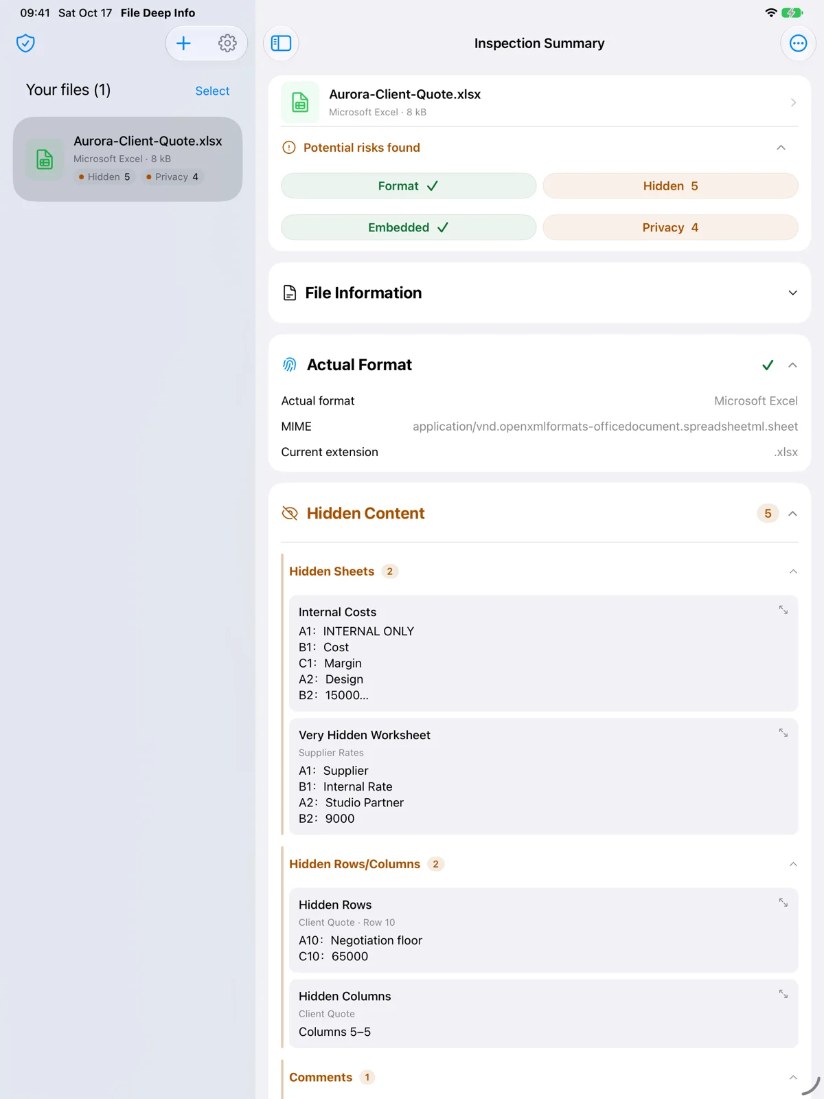 iPad · See the file list and inspection details together