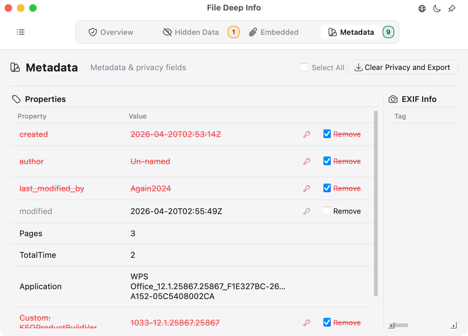 Select and clean privacy metadata